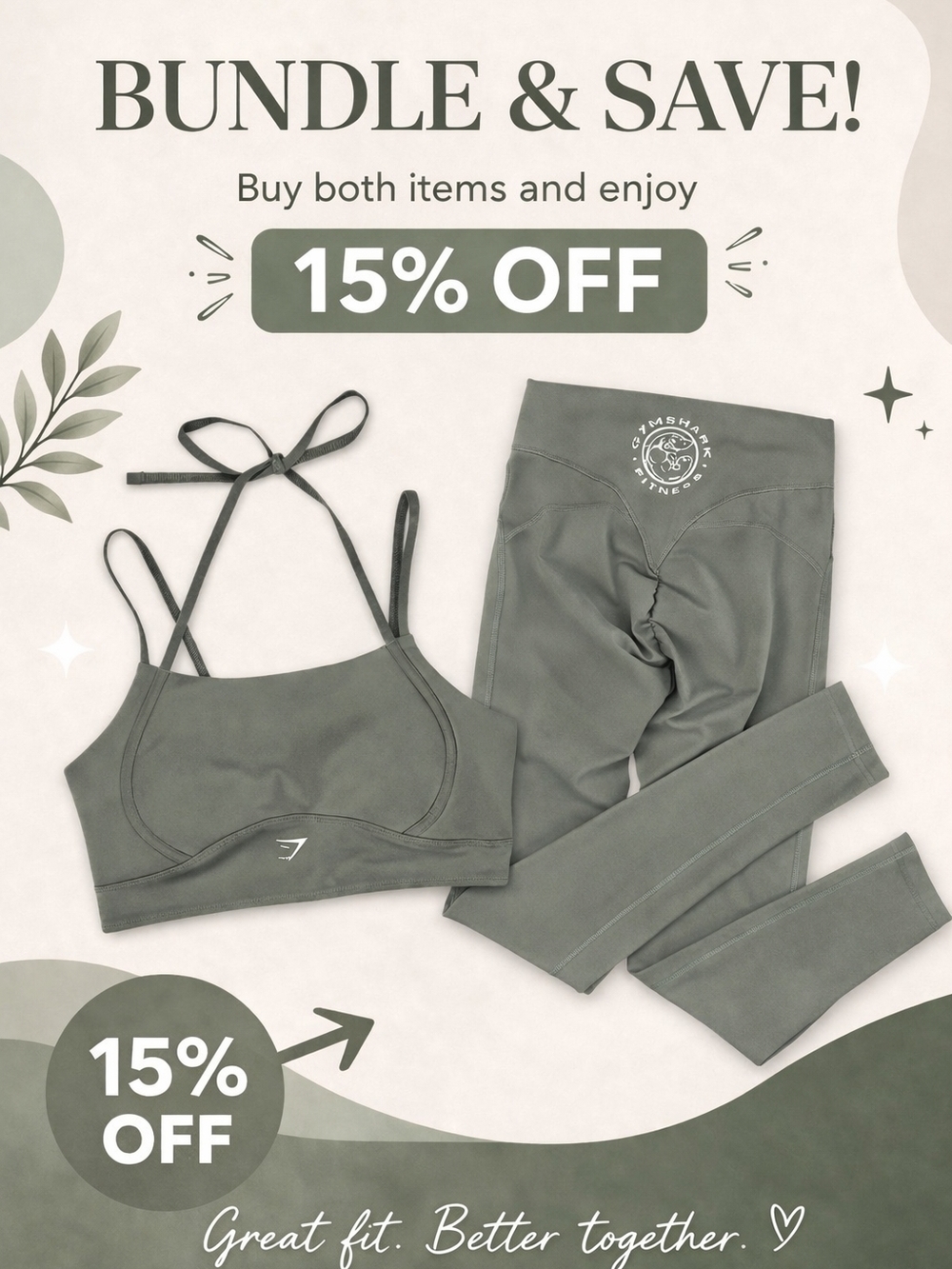 Bundle & Save Gymshark Set Sage Green Leggings + Sports Bra 15% Off